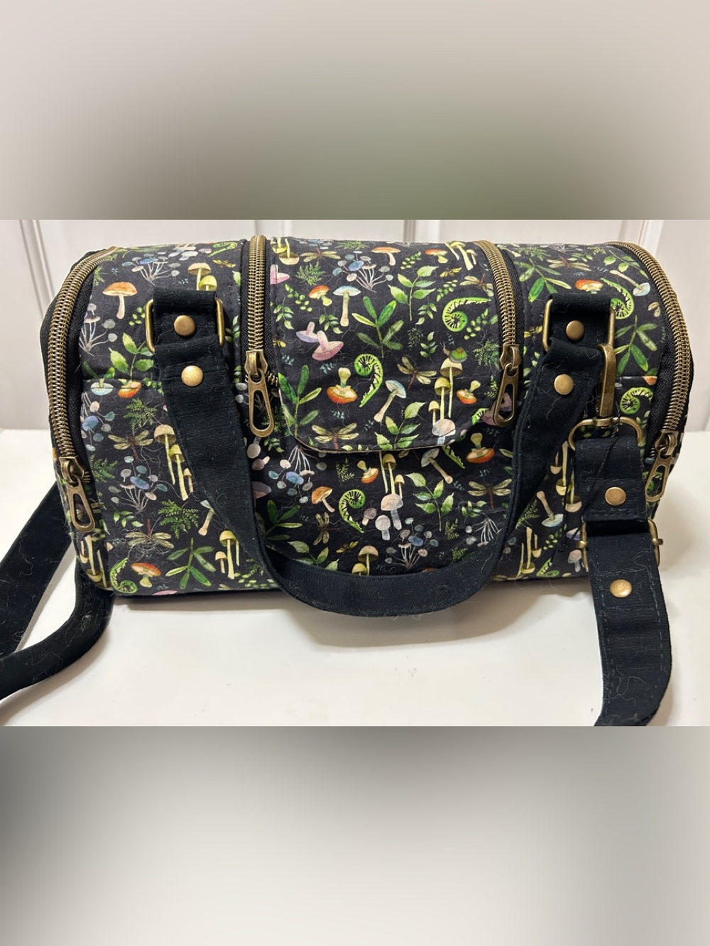Botanical Mushroom Print Canvas Cosmetic Bag in Black